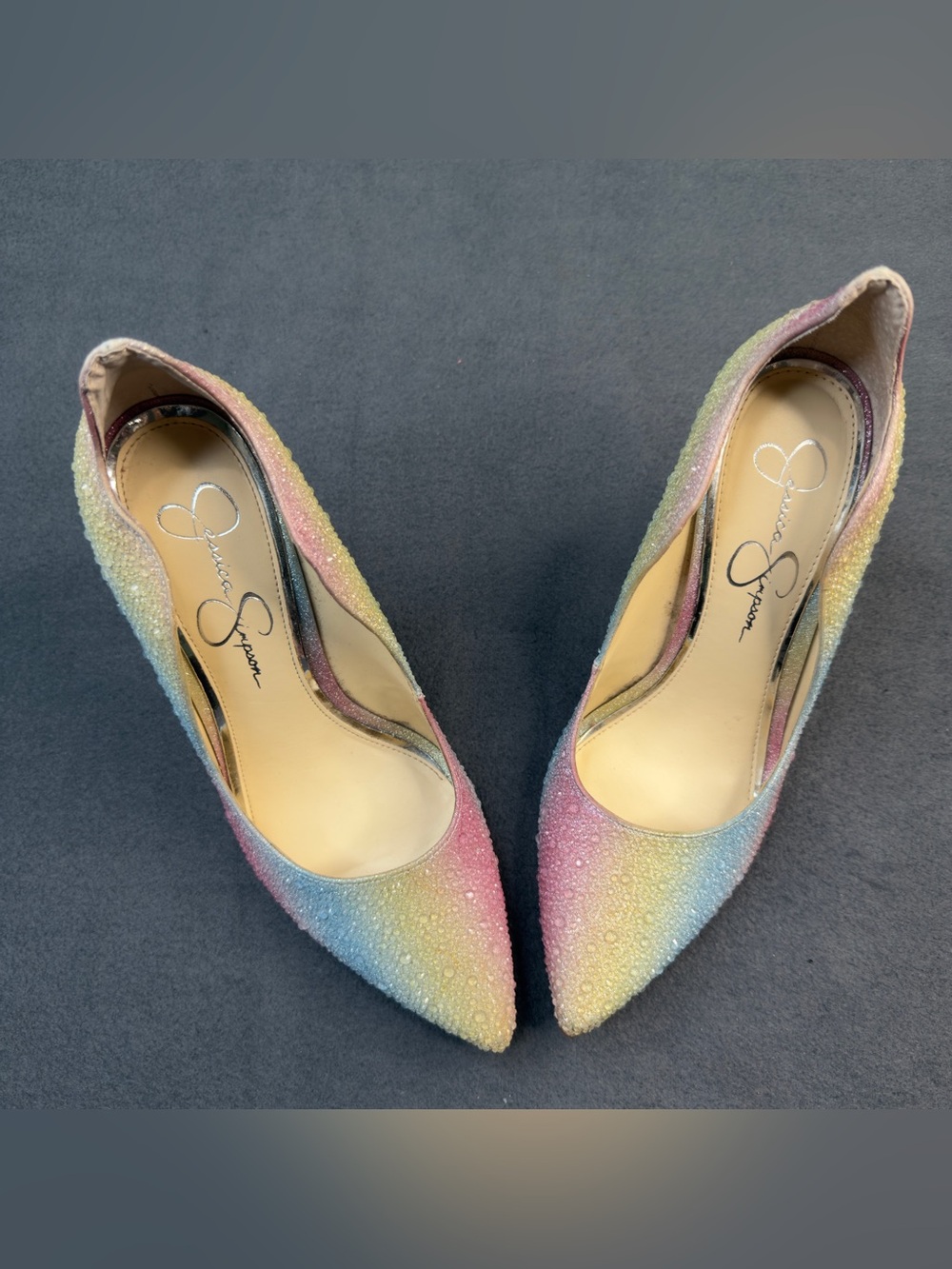 Jessica Simpson Pastel Rainbow Crystal Pointed Toe Pumps - Pink Blue Yellow - Picture 11 of 12